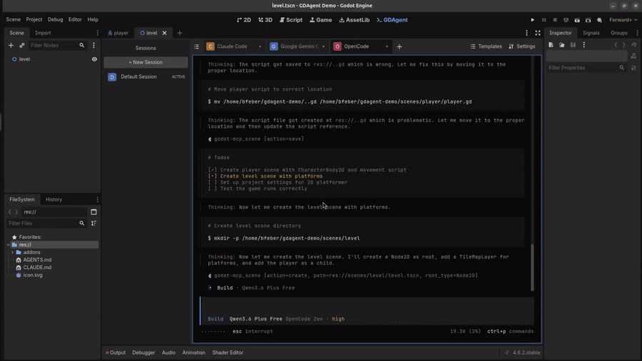 An AI agent building a Godot level scene through the bundled MCP